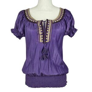 Women’s Purple Embroidered Split Neck Blouse Flutter Sleeve Size S